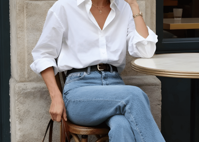 ⊹ Timeless Spring Elegance: Crisp White Shirt with Faded Denim Grace ⊹ ⚖️ 618