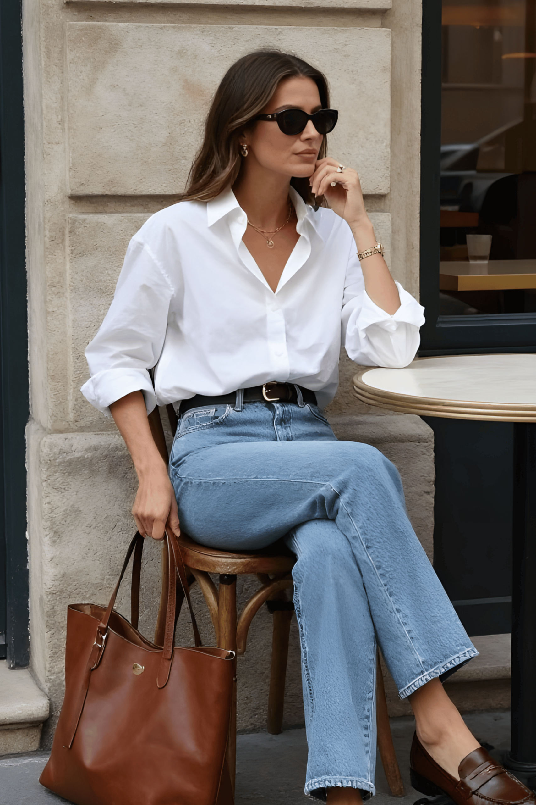 ⊹ Timeless Spring Elegance: Crisp White Shirt with Faded Denim Grace ⊹ ⚖️ 618