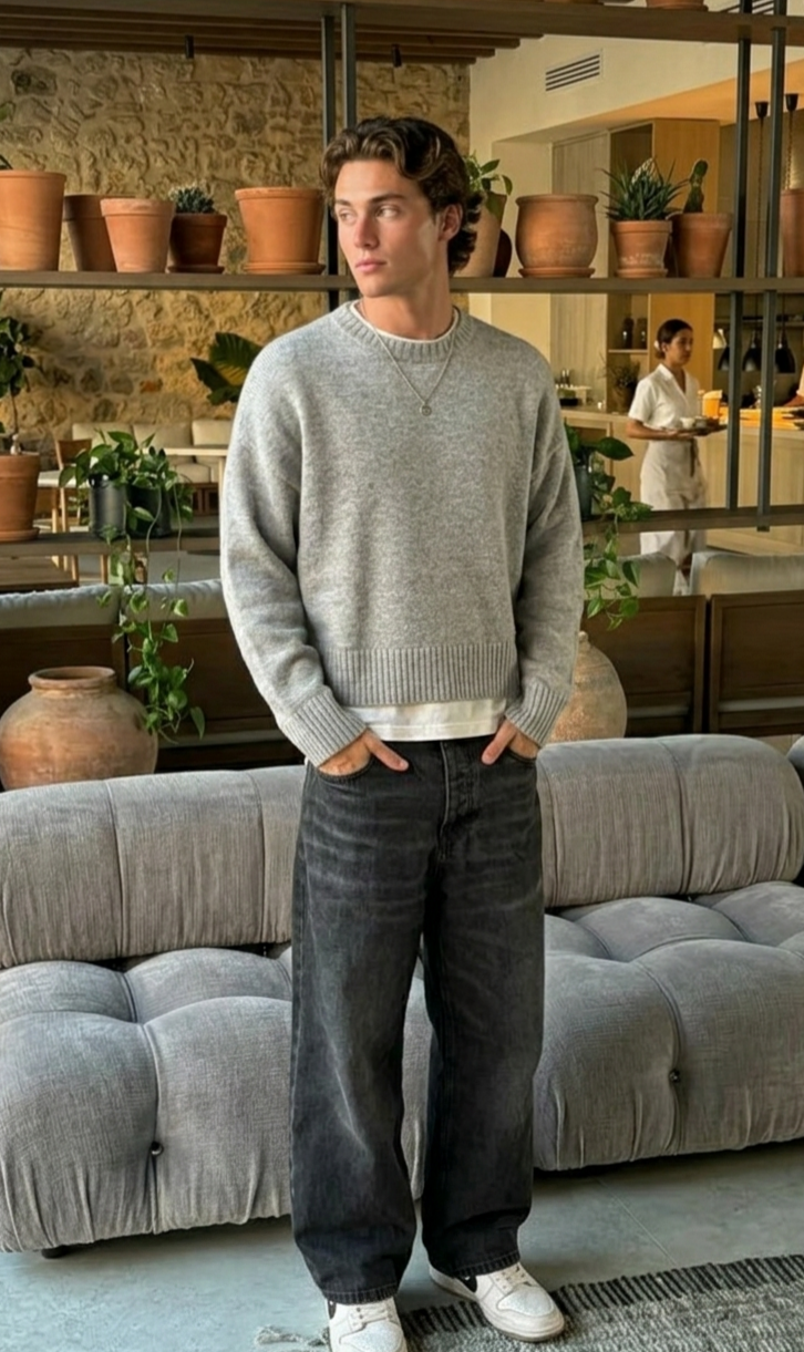 art of modern romance: 🤍 🦋 🤍 Gray Knit & Baggy Jeans: Quiet Confidence, Deep Sou 970