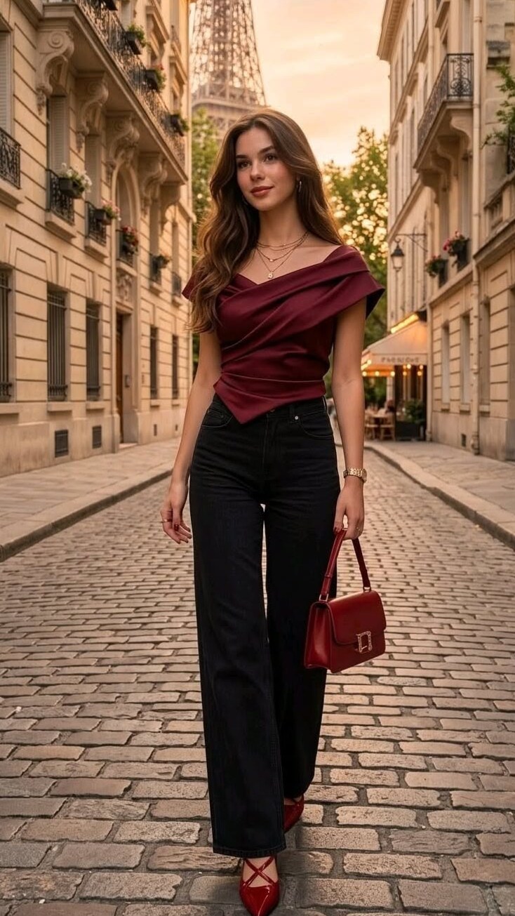 🎻 💕 ⟡ Burgundy Satin & Black Jeans: A Parisian Soul Connection 925