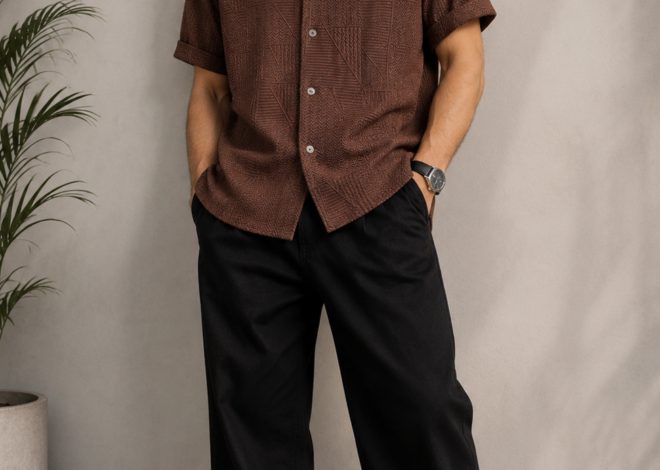magnetic energy visual: Dark Academic Elegance: Brown Shirt Meets Black Jeans fo 776