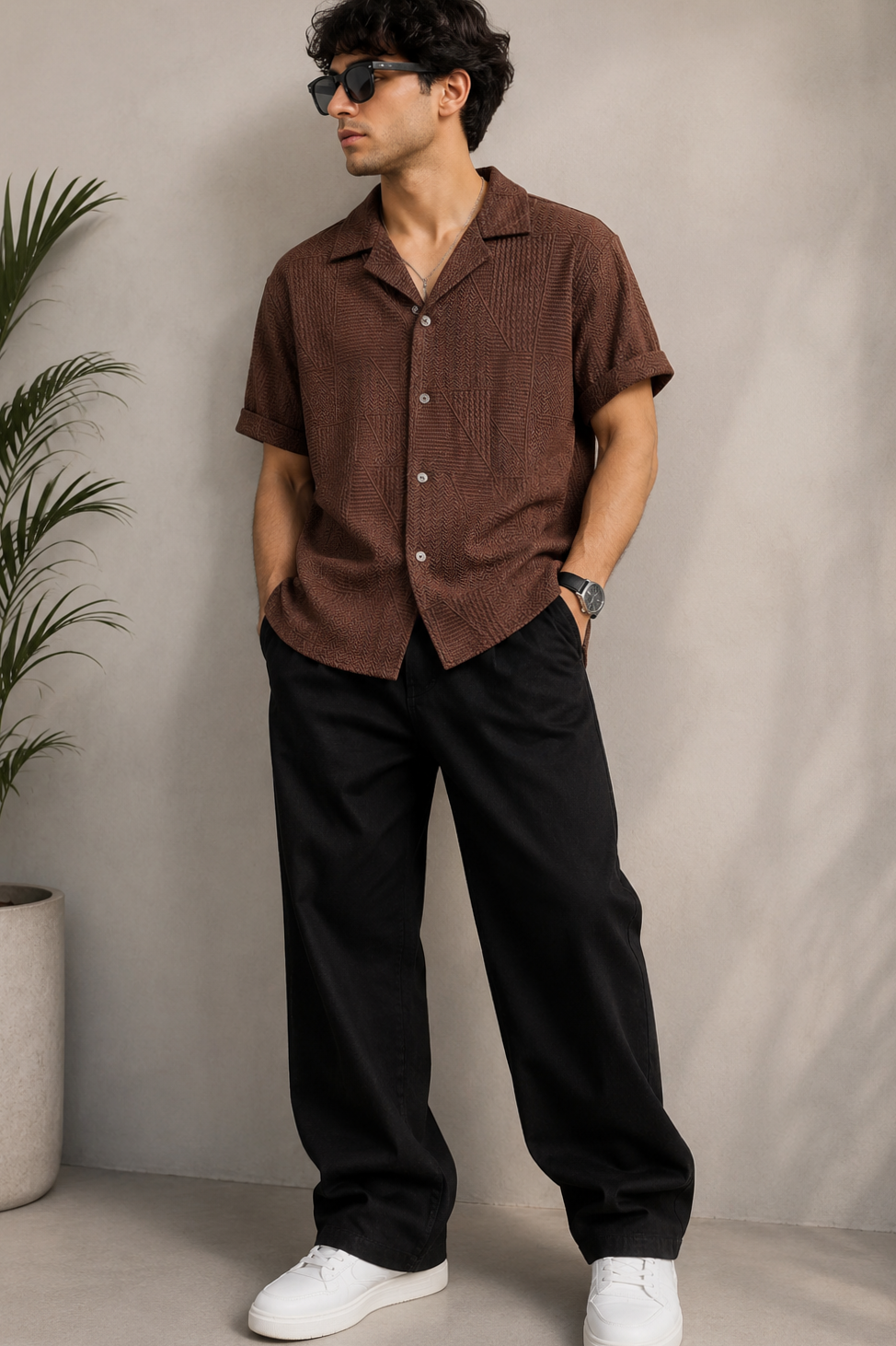 magnetic energy visual: Dark Academic Elegance: Brown Shirt Meets Black Jeans fo 776