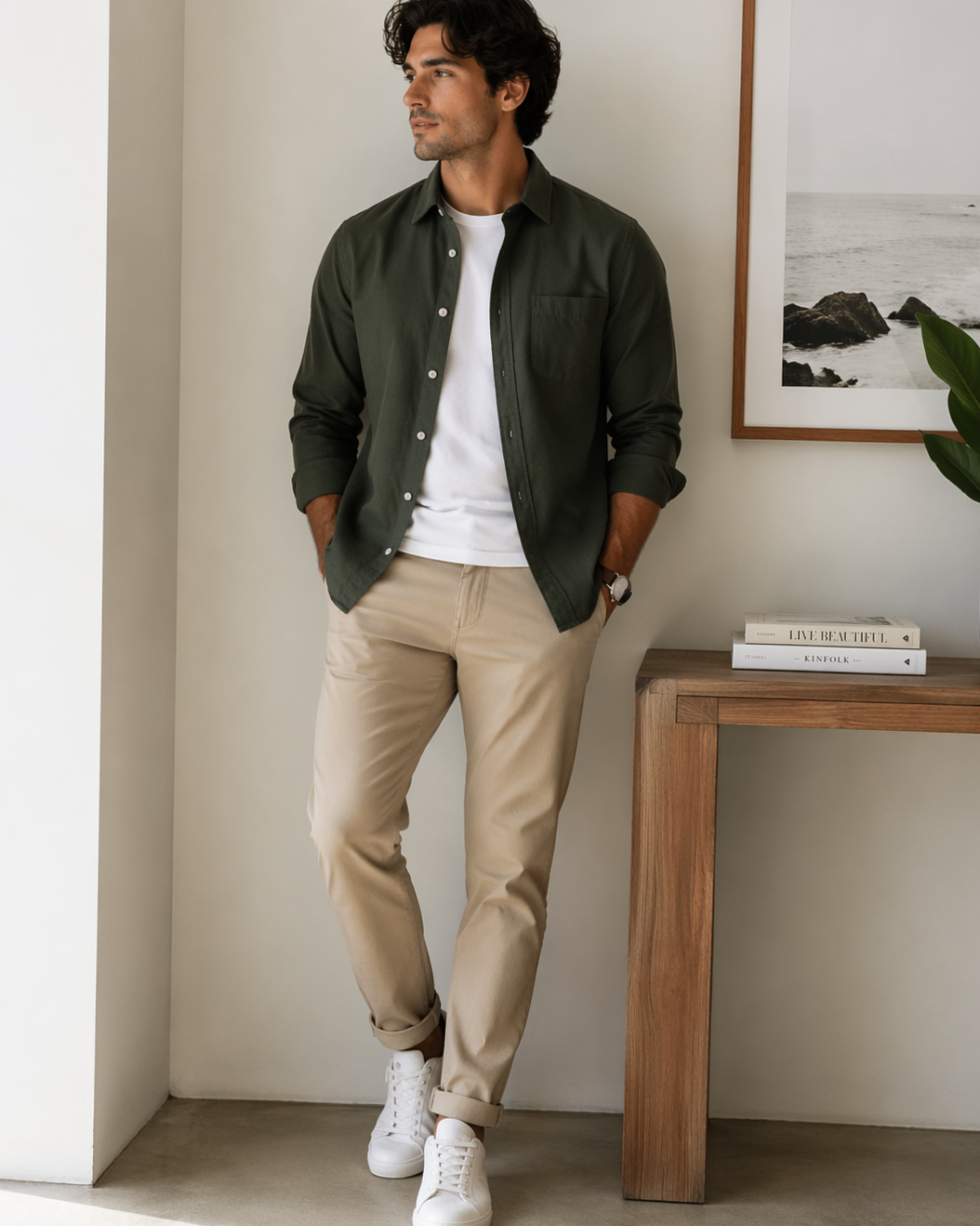 ✦ romanticizing connections ✦ Soulful Casual Ensemble | Green & Beige Harmony fo 958