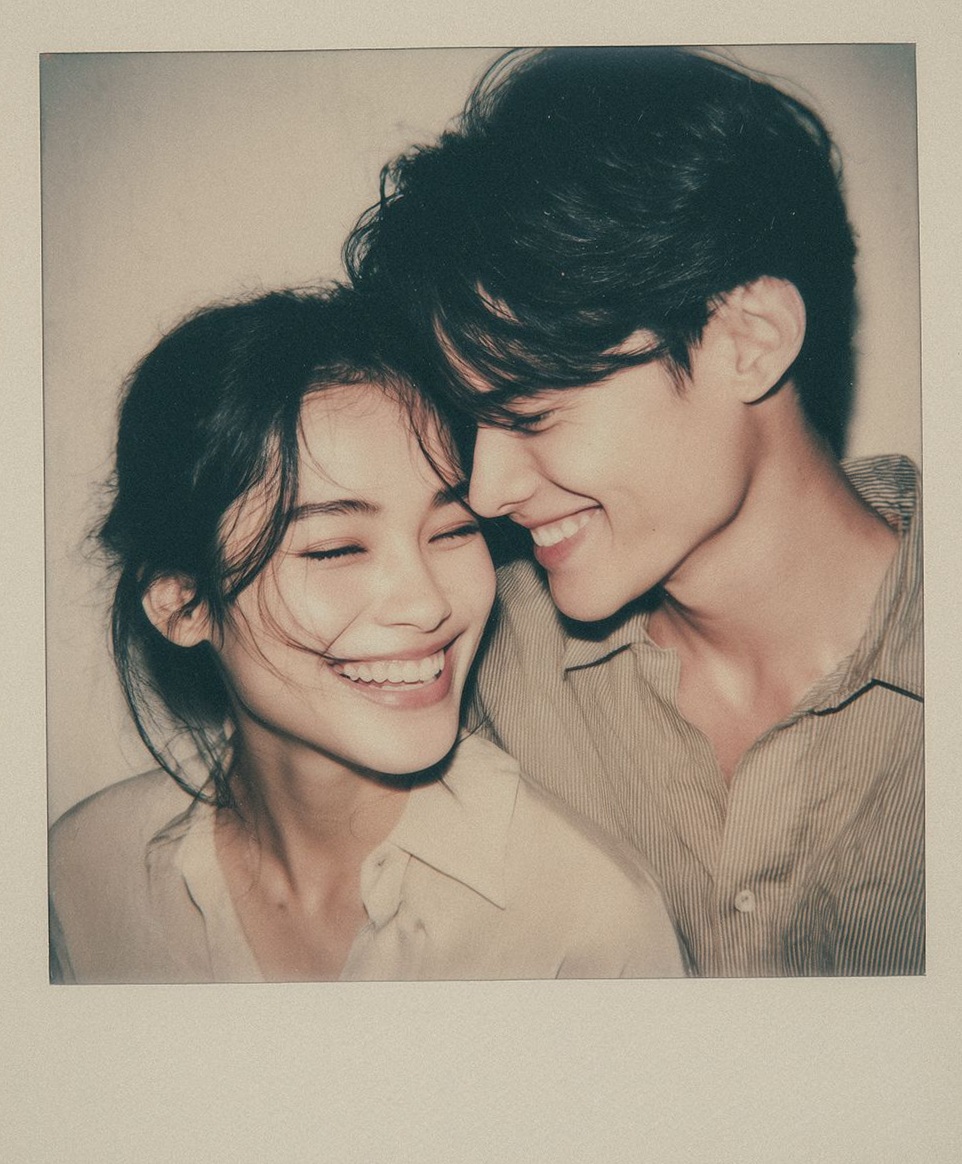 Soft Glow Polaroid Portrait of Laughing Couple in Striped Shirts | 🍂 ✨ date nigh 409