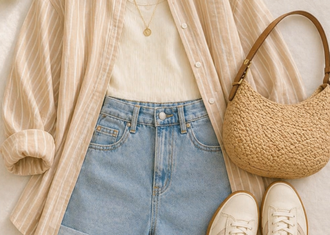 Soft Summer Vibe – Beige Shirt & Denim Shorts for Timeless Romance 💕 259