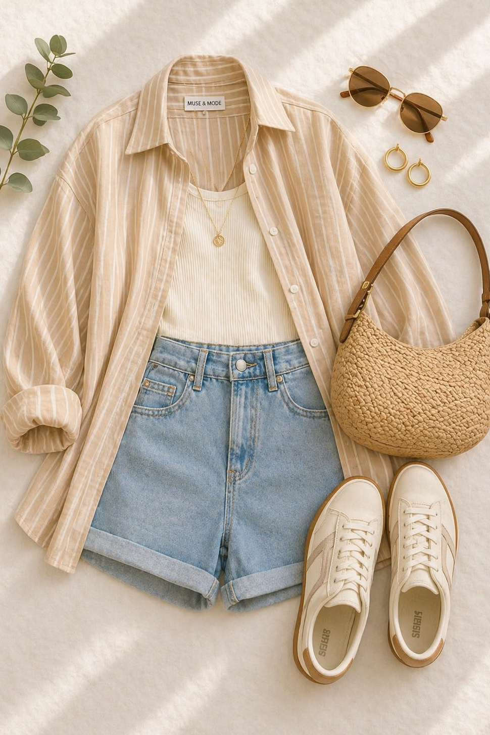 Soft Summer Vibe – Beige Shirt & Denim Shorts for Timeless Romance 💕 259