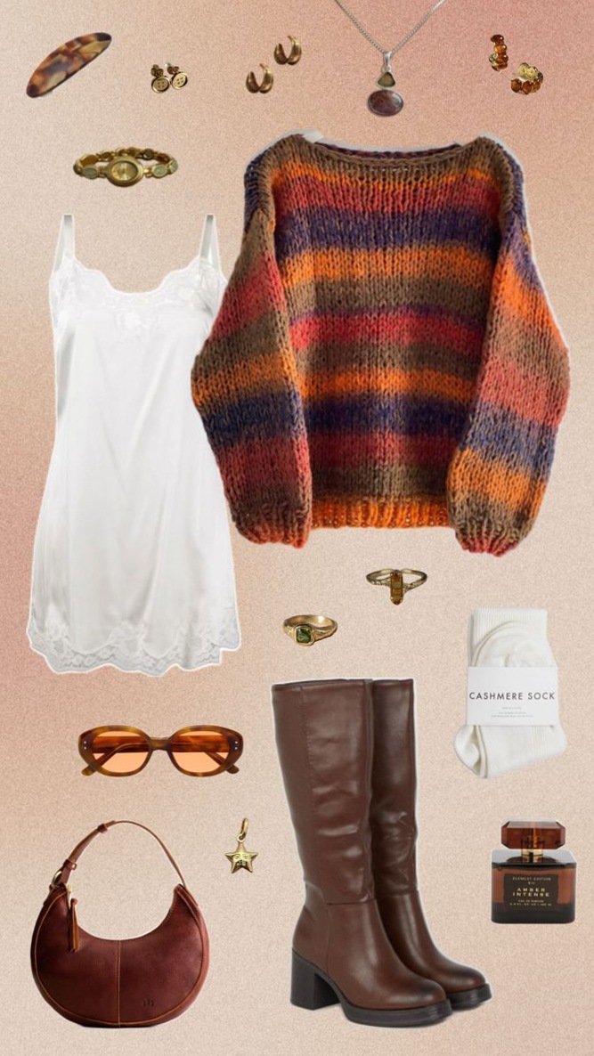 💡 Soulful Autumn Ensemble | Rich Knit, Silken Dress, Timeless Accents — aestheti 130