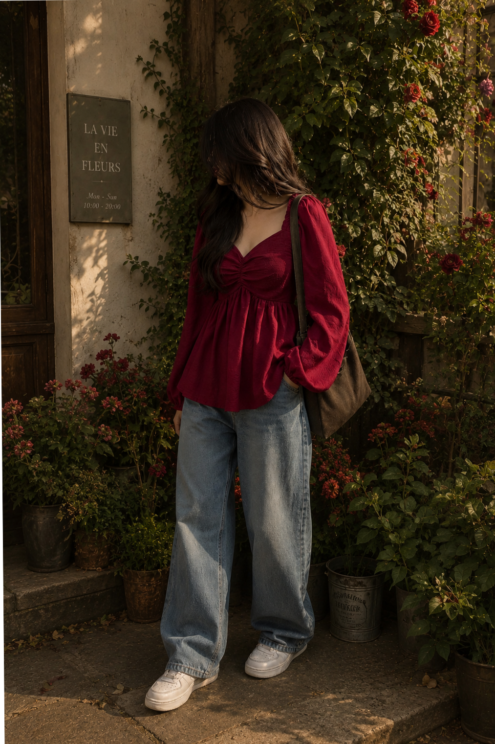 Burgundy Elegance Meets Relaxed Jeans: A Fated Style Match — mysterious soulmate 583