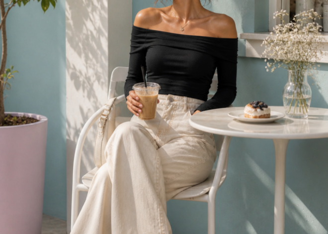 Chic Café Ensemble in Beige Wide Leg Jeans and Off-Shoulder Top — ♟️ ✒️ 605