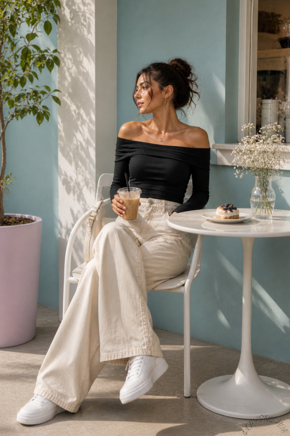 Chic Café Ensemble in Beige Wide Leg Jeans and Off-Shoulder Top — ♟️ ✒️ 605