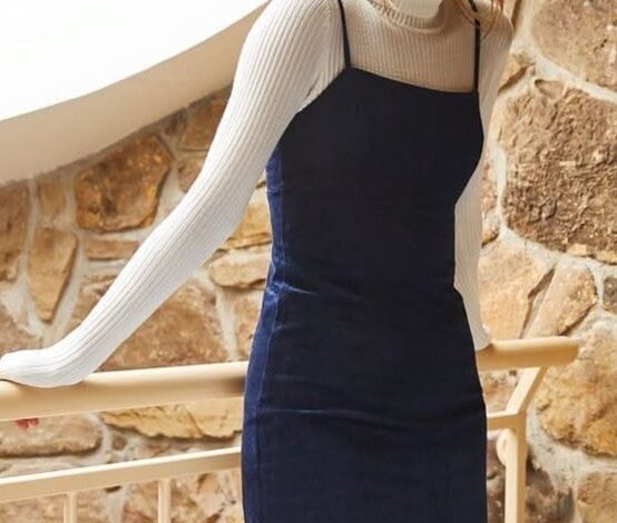 Navy Corduroy Pinafore with Turtleneck Layer for Intimate Soulful Moments • 🤍 💫 608