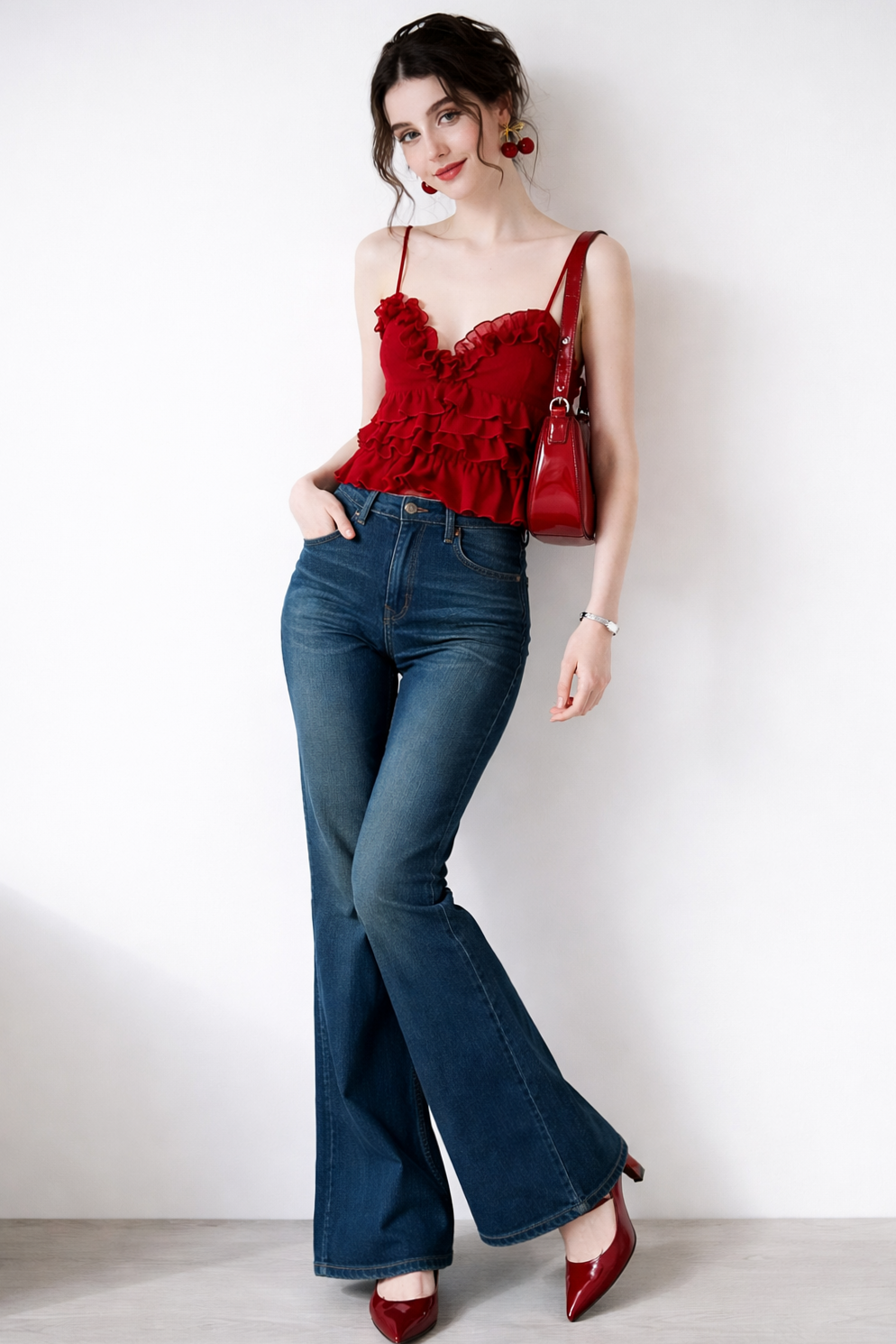 🎧 ⟡ Rustic Romance: Timeless Ruffle Ensemble with Daring Denim Flow 643
